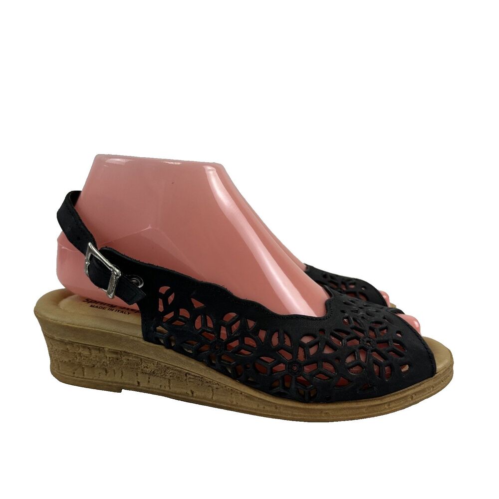 Spring Step Orella Sandal Wedge Black Leather Cut Out Buckle Slingback Womens 7